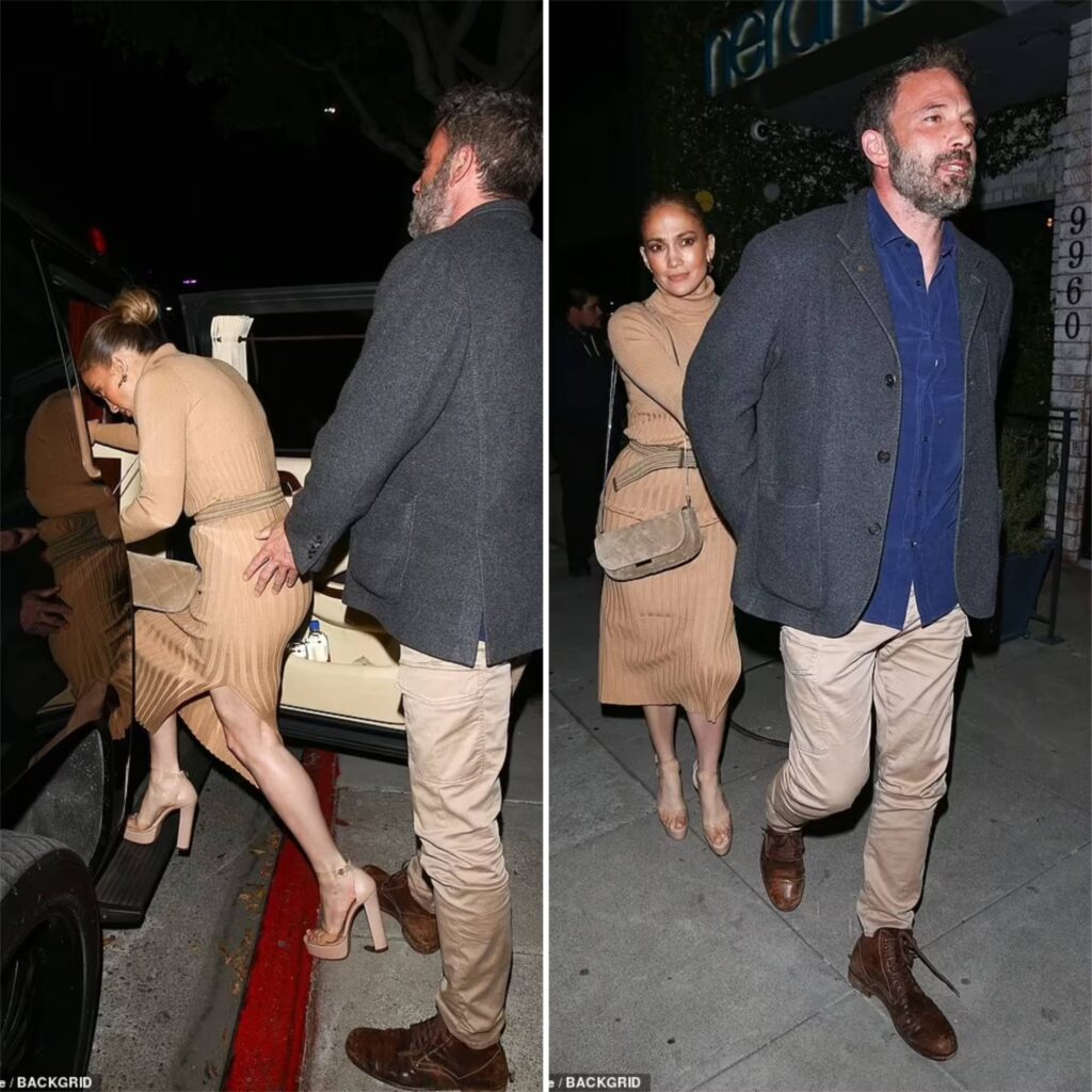 Ben Affleck cheekily gropes fiancée Jennifer Lopez’s bottom as the smitten couple put on a playful display after dinner date